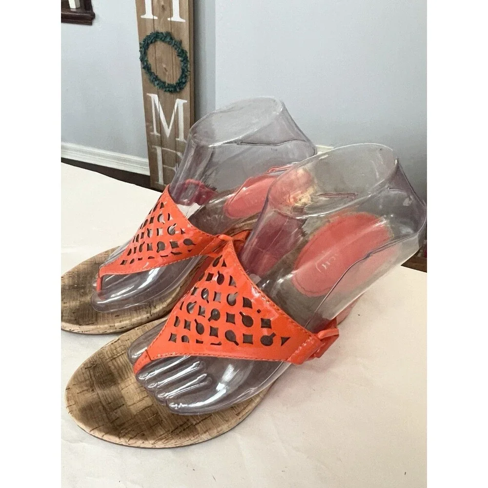 Coach Orange Brooke Art Patent Leather Signature Wedge Sandals Size 9 Shoes